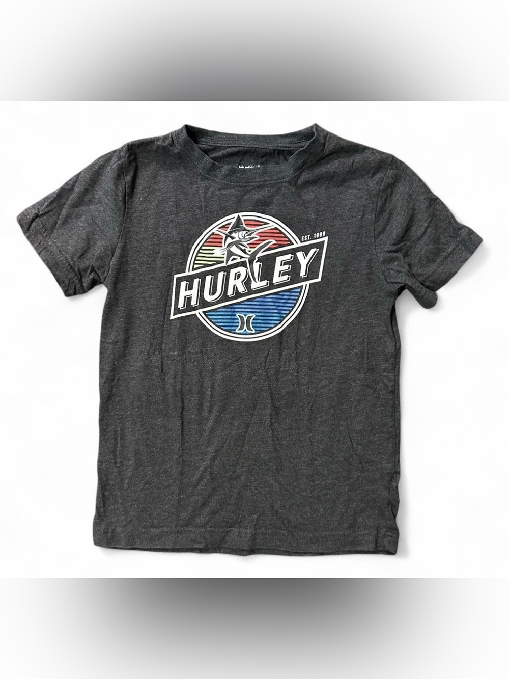 Hurley Charcoal Graphic Tee with Red, Yellow, Blue Logo